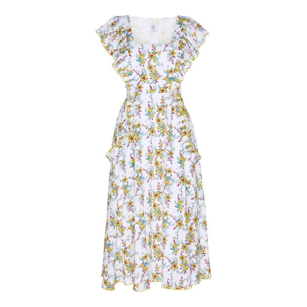 Gul Hurgel Floral White Yellow Ruffle 1000% Linen Dress Pinafore Pockets Small
